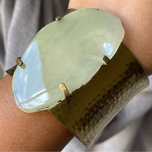 Hammered Brass Cuff Bracelet Adorned with Acrylic Pale Green Stone - Picture 2 of 16
